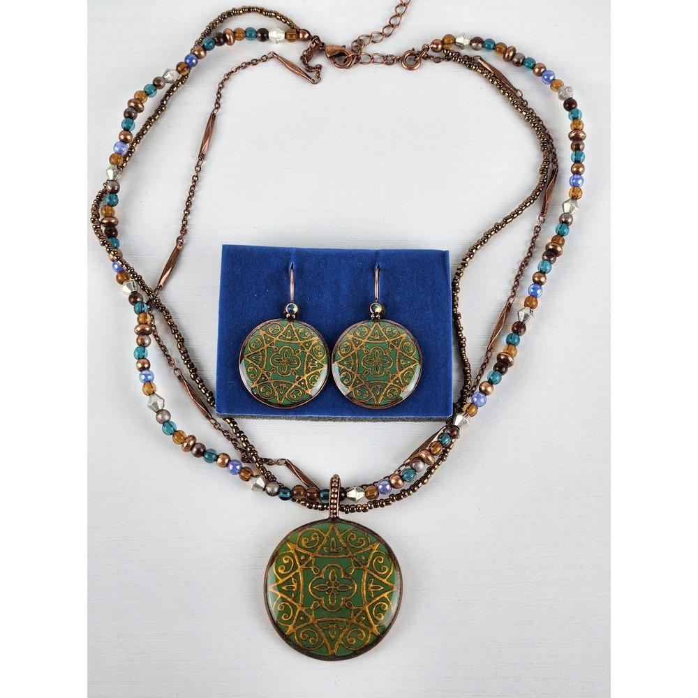 Avon Nina Ricci Enamel Medallion Necklace and Earrings Set Boho Vintage Beaded